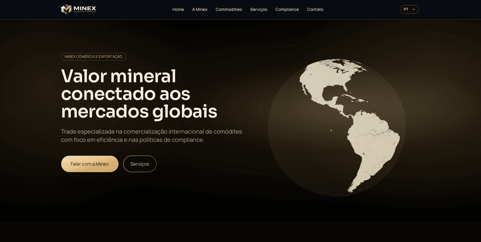 Página inicial do site da Minex Commerce & Export